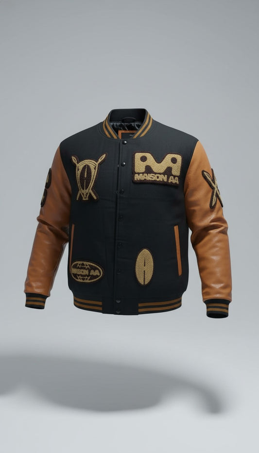 Le Teddy de l'Unité : Plus qu'une veste, c'est le symbole de notre famille. Le Teddy "Univers AA" est la seule pièce qui réunit les trois emblèmes de la marque : African Armure, Maison AA et Young Nation by AA.