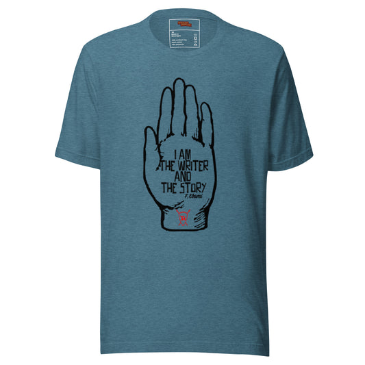 Maquette du T-shirt Hand bleu canard chiné par Fred Ebami, vue de face, avec motif de main et phrase I am the writer and the story sur fond blanc.